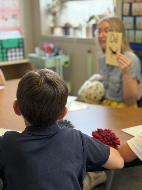 a teaching holding up flashcards across the table from a student