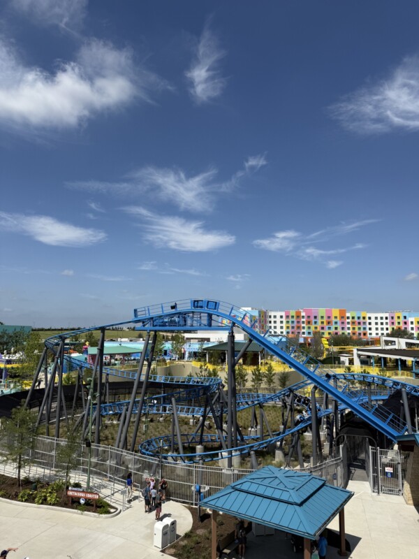 overlooking a blue rollercoaster at universal kids resort